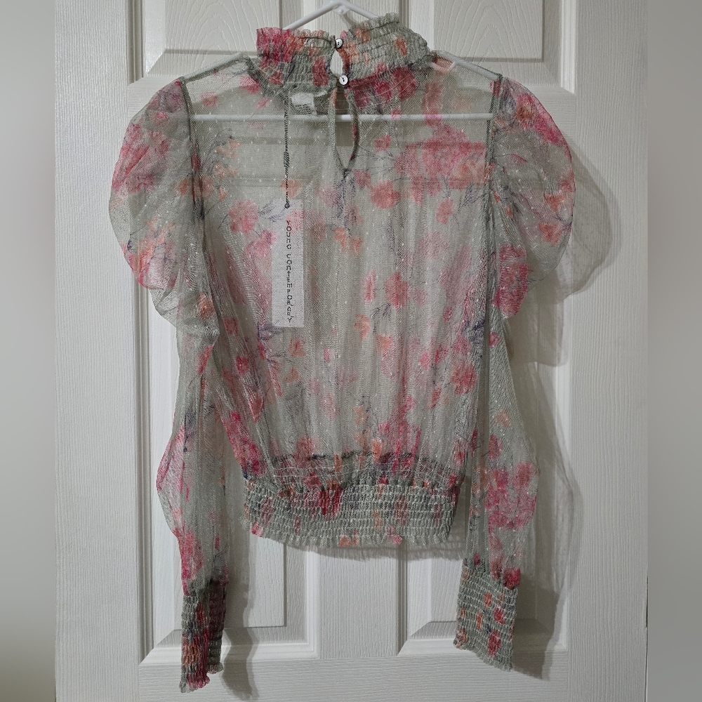 Cottagecore Sheer Floral Mesh Puff Shoulder Smocked Mockneck Top, NWT, Sz Medium - Picture 9 of 14